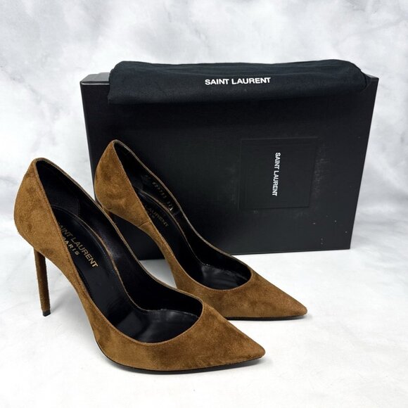 Saint Laurent Zoe 105 Suede Pointed Toe Stiletto Heel Pump Brown - Picture 2 of 13